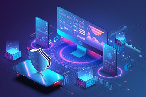 Illustration of a blue and purple computer and device network with a shield in front for network security and backup solutions.